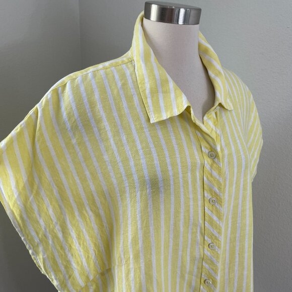 Talbots Woman Plus 2X 100% Linen Tie Hem Button Front Top Yellow Seashore Stripe - Picture 4 of 12